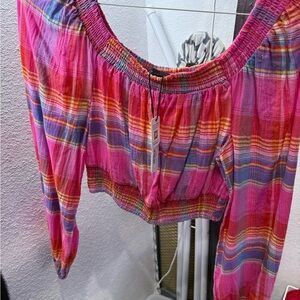 Sanctuary Vibrant Plaid Off-Shoulder Blouse